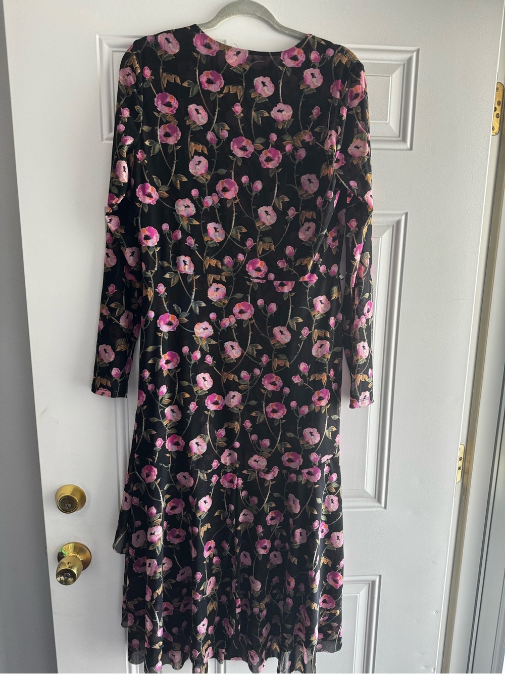 White House Black Market Black Long Sleeve Floral Midi Dress with Pink Blooms - Picture 4 of 6